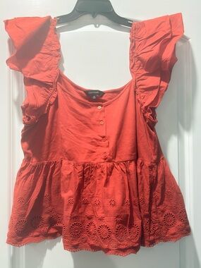 Red Eyelet Flutter-Sleeve Peplum Blouse